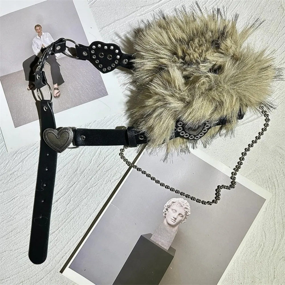 

Patchwork Heart Leather Fur Belt Faux Fur Spicy Girl Style Furry Waistband Korean Style Versatile Y2K Waistband Dress Decoration