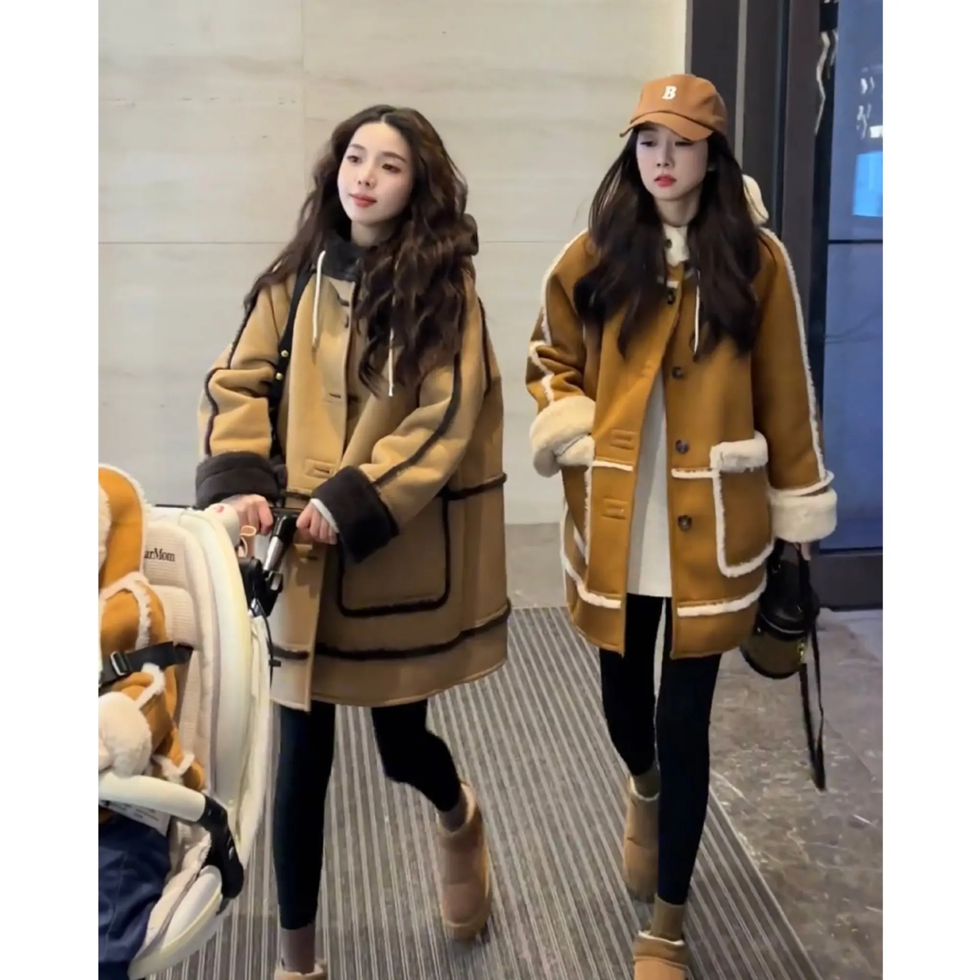 معاطف صوف نسائية مقسمة سترات مزج برباط جيب مع قلنسوة وأكمام طويلة واحدة الصدر سميكة غير رسمية لخريف وشتاء 2025 #4