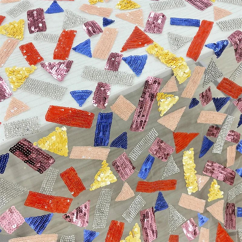 

1-ярдовая кружевная ткань с геометрической фигурой и блестками, вышивка свадебных платьев, вечерних платьев, модная ткань Cheongsam для DIY