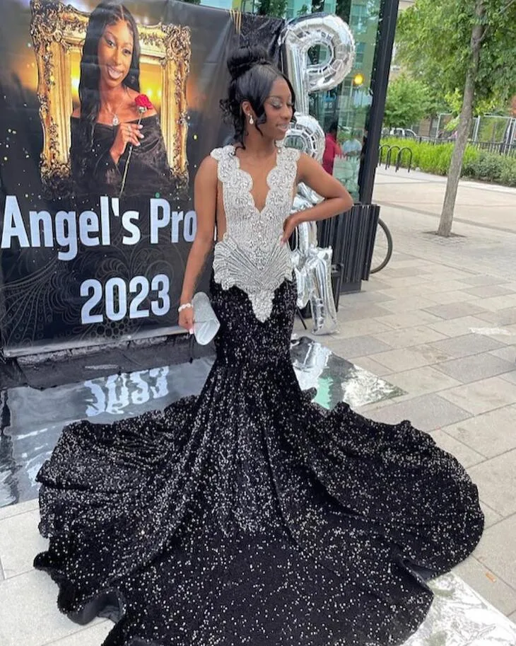 Sparkly Black Silver Mermaid Evening Party Dresses for Women Luxury Crystal Velvet Prom Ceremony Gown vestidos de gala mujer