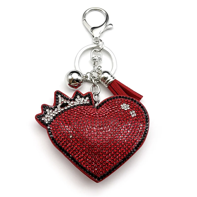 Voller Strass Krone Rotes Herz Schlüsselanhänger für Frauen Männer Legierung Silber Farbe Quaste Glocke Tasche Anhänger Schlüsselanhänger Schmuck Geschenk