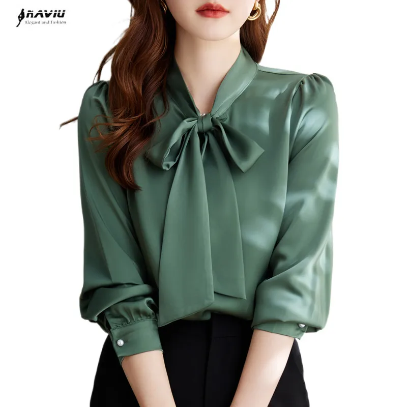 Bow Tie Long Sleeve Shirt Women New Fashion Temperament Design Autumn Professional Acetata Satin Blouses Office Ladies Work Tops