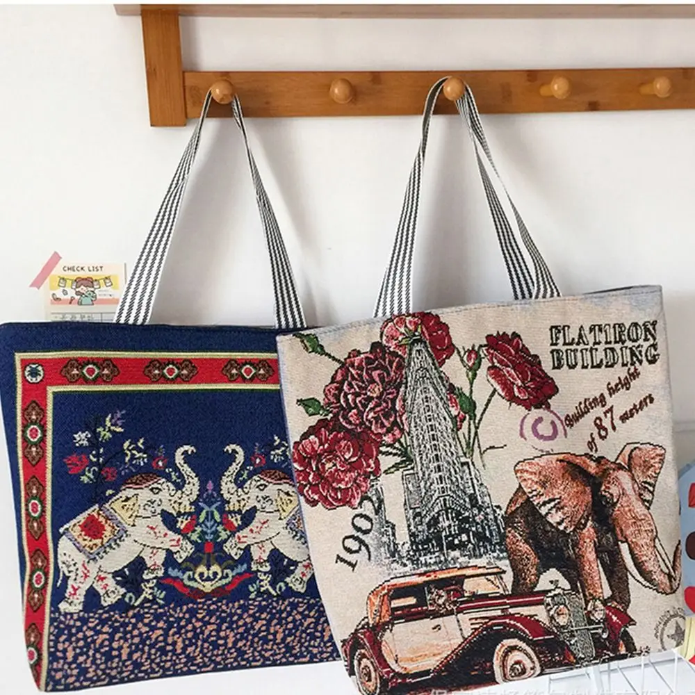 Elephant Ethnic Style Handbag Vintage Animal Canvas Canvas Tote Bag Embroidery Handbag Women Shoulder Bags Storage Bag