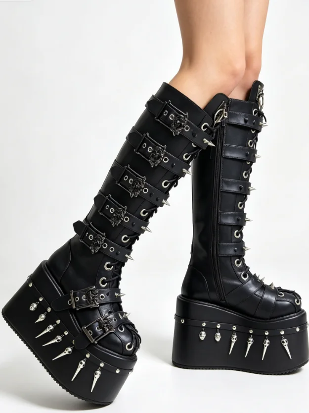 2026 Gothic Black Platform Knee High Boots Women Skull Spike Rivet Multi Buckle Straps Lace Up Side Zip Punk Cosplay Tall Boots view 6