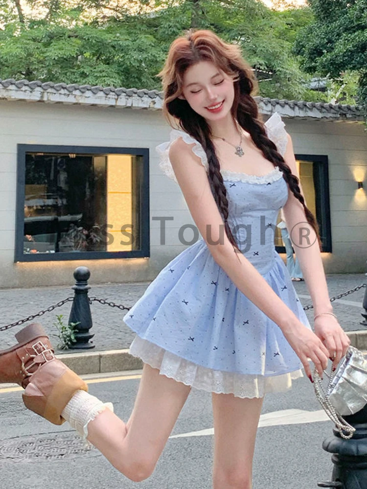 2024 Korean Fashion Sweet Party Mini Dress Women Casual Chic Strap Floral Dress Female Y2k Sleeveless Bow Kawaii Dress Summer