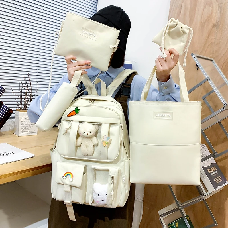 Conjunto de 5 uds. De mochila Kawaii para niñas, mochila escolar para estudiantes, mochila escolar para adolescentes, bolsas para libros, estuche para lápices, mochila de viaje para mujeres