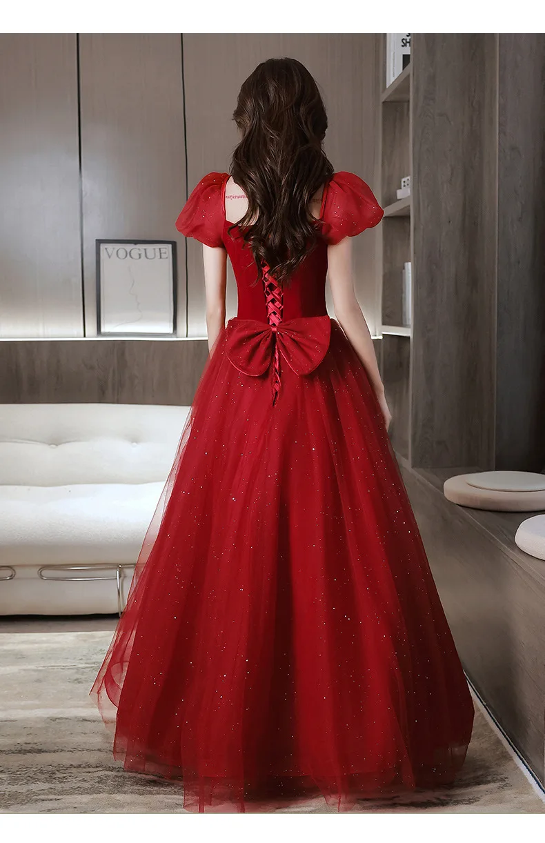 Elegant Burgundy Chiffon Square Collar Puff Sleeve Back Bandage Bride Gowns Party Banquet Female Stage Show Dresses Cheongsam