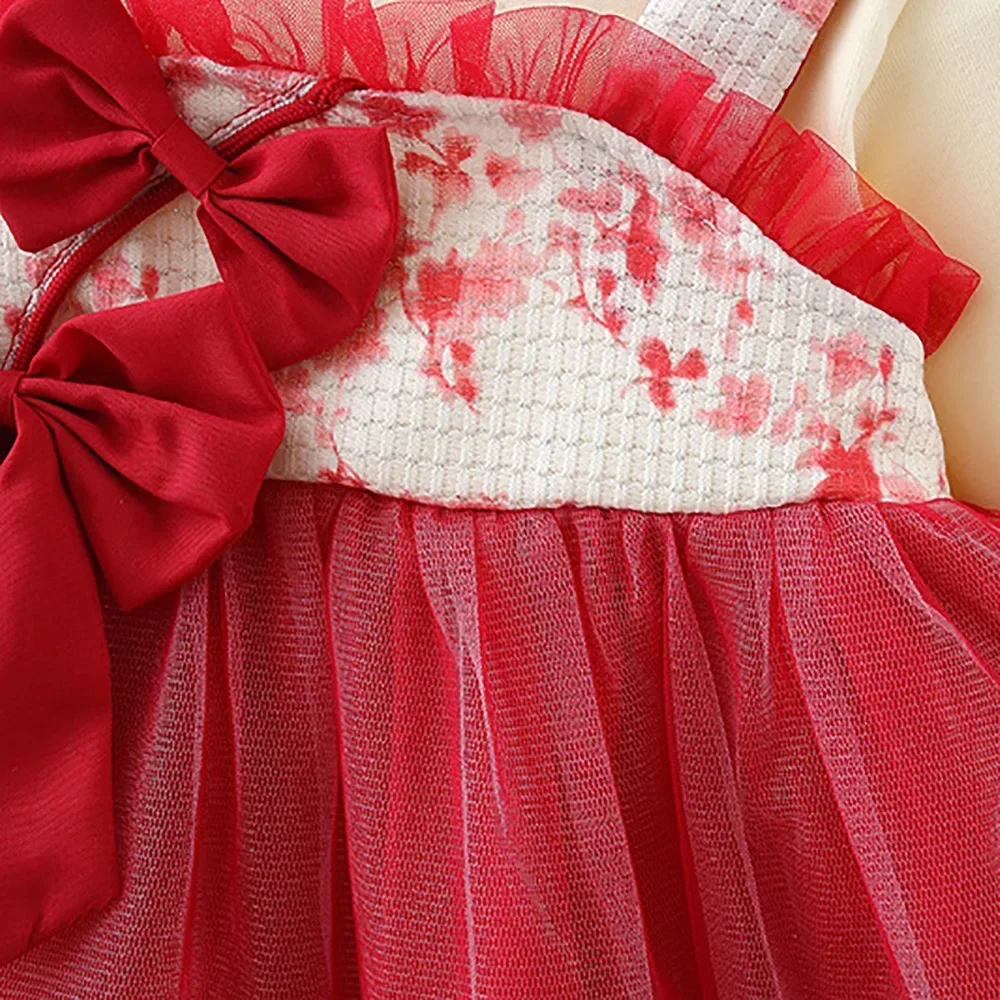 (Girls 0-3 Years Old) Fall New Girls\' Dress Two-piece Halter Lace Lace Pleated Chinese Style Bow Ribbon Mesh A-line Dress