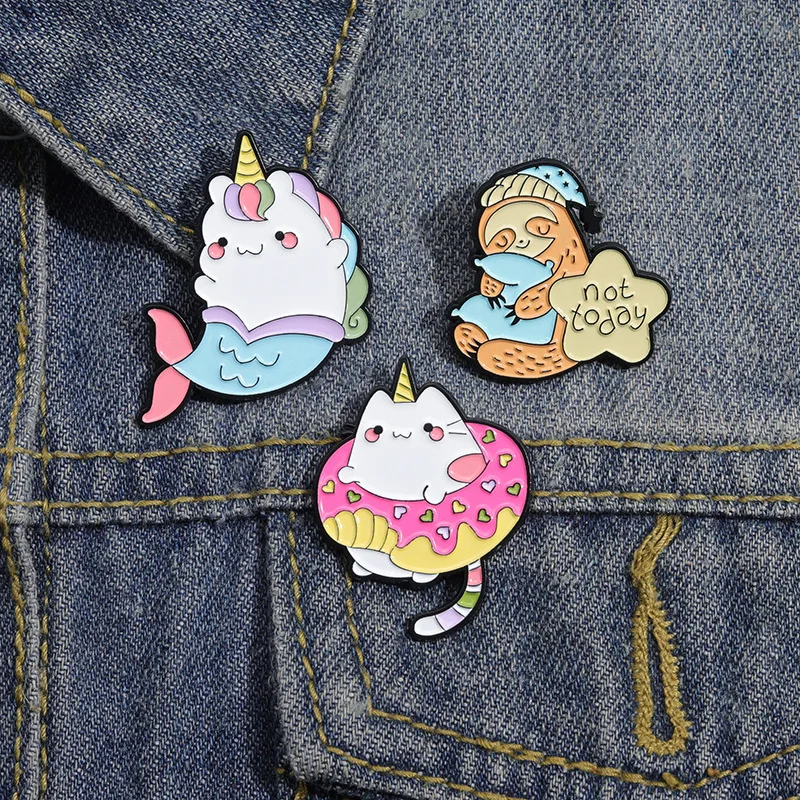 Sleeping Sloth Enamel Pins Cartoon Cute Animal Kitten Cat Unicorn Brooches Lapel Badge for Clothes Collar Backpack Pin Wholesale