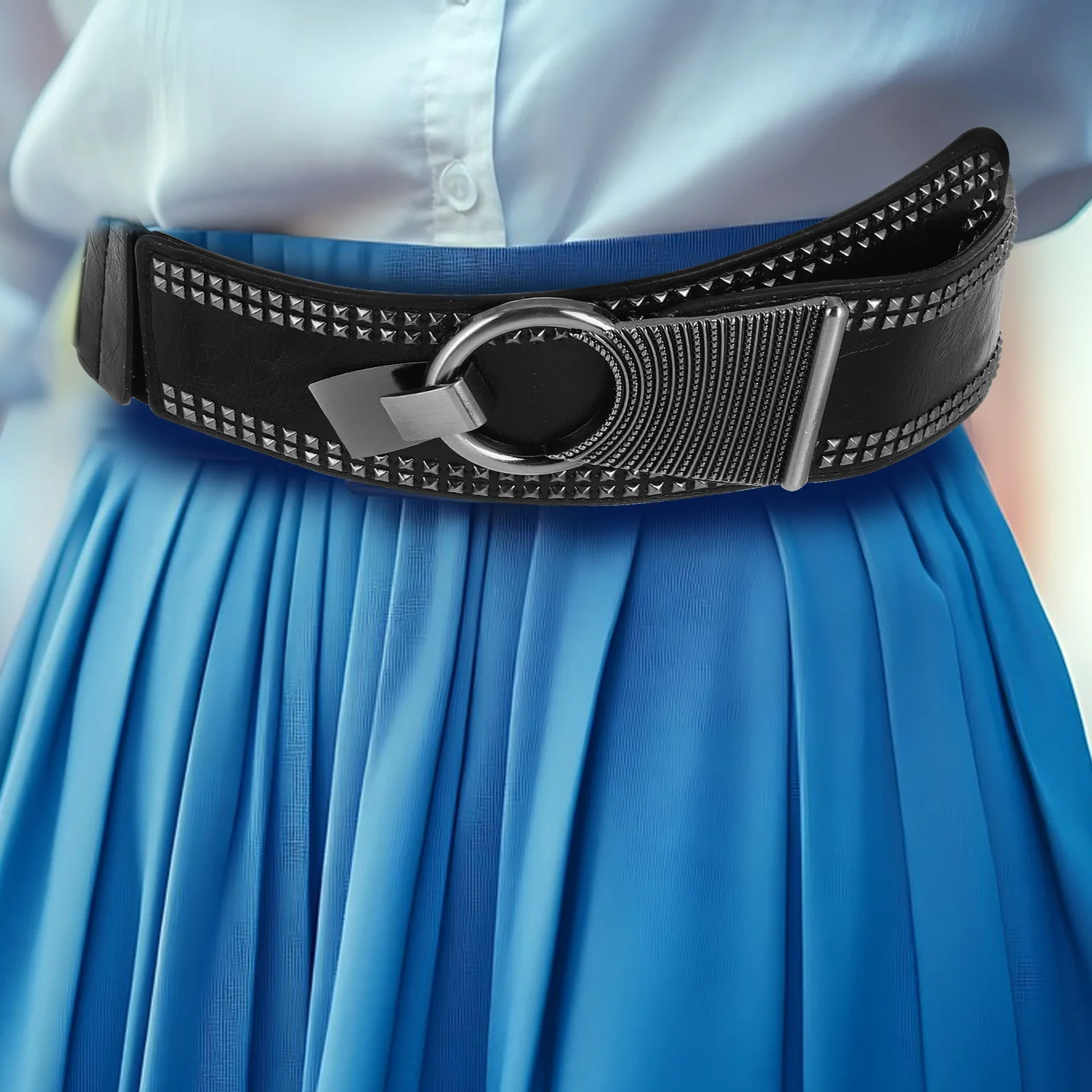 Fashion Punk Style Elastic Waist Belt for Women Studded Wide PU Buckle Belt for Dresses Jeans Casual Wear
