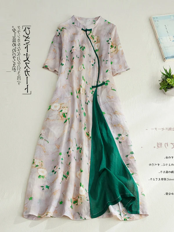 

Chinese Sle Cotton Linen Long Dr Floral Print Women's Faionable Summer Sun Protection Loose Fit ort Sve