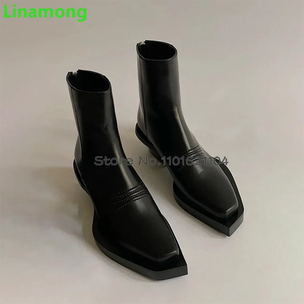 Black Square Toe Chunky Heel Boots For Female Women 2024 Leather Fabric Back Zipper Mid-calf High Elegant Casual All-match Shoes