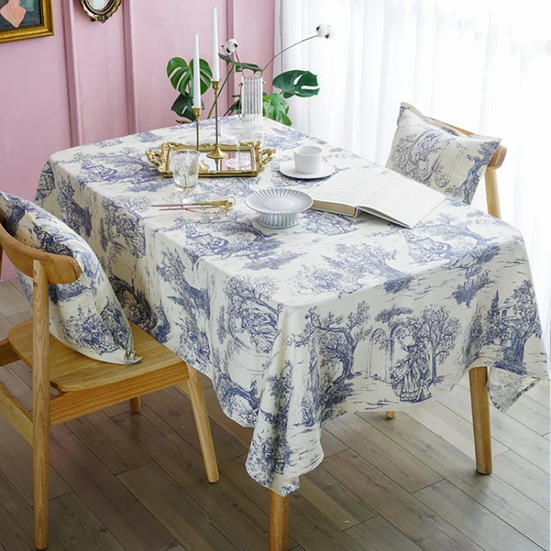 French Tablecloth Pillow For Kitchen Retro Pastoral Spread Blue Cotton Blend Printing Table Cover Back Cushion Table Decorations