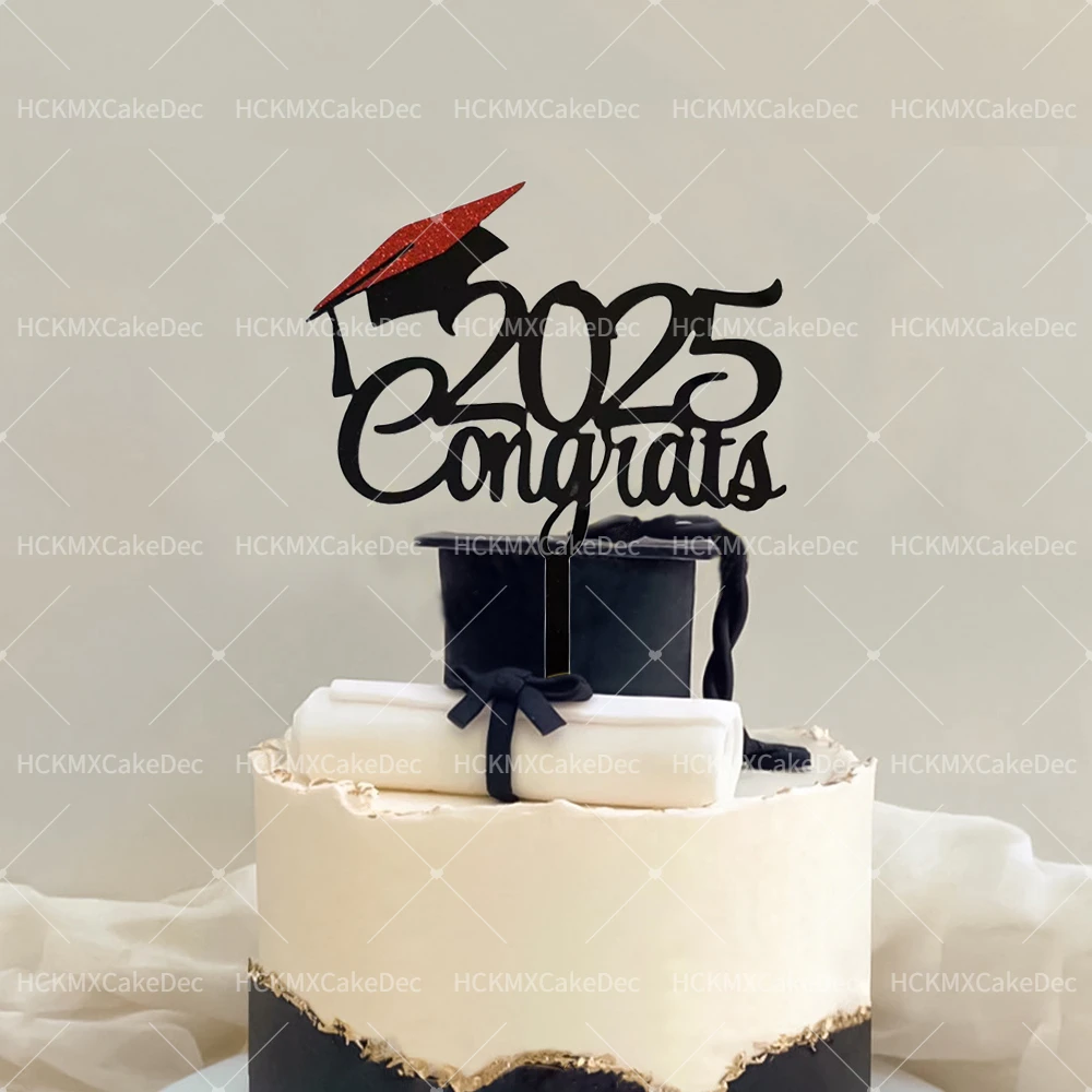 Red Black Acrylic Cake Topper Congratulate 2025 Graduation Season Cake Topper for Graduation Ceremony Cake Dessert Decoration