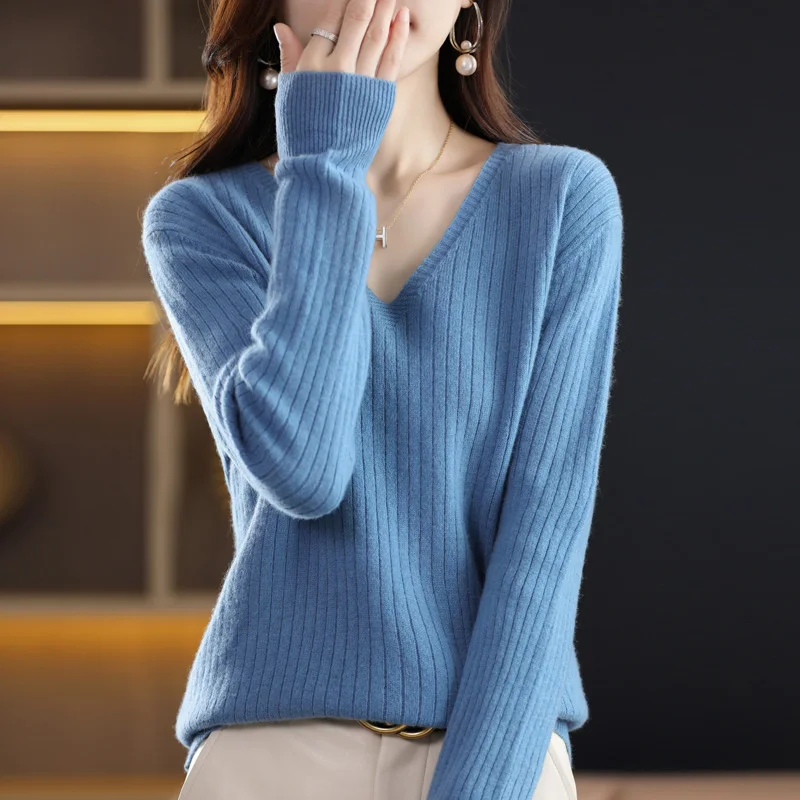 V-Neck Knitted Pullover Pit Strip Undercoat Autumn Winter New Women Long Sleeve Short Sweater with Loose Fashion Slim Fit Inside