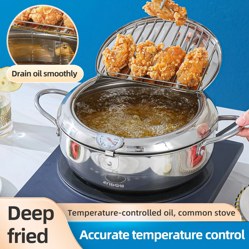 

Japanese Deep Frying Pot with a Thermometer and a Lid 304 Stainless Steel Kitchen Tempura Fryer Pan 20 24cm, Fuel-saving Pot