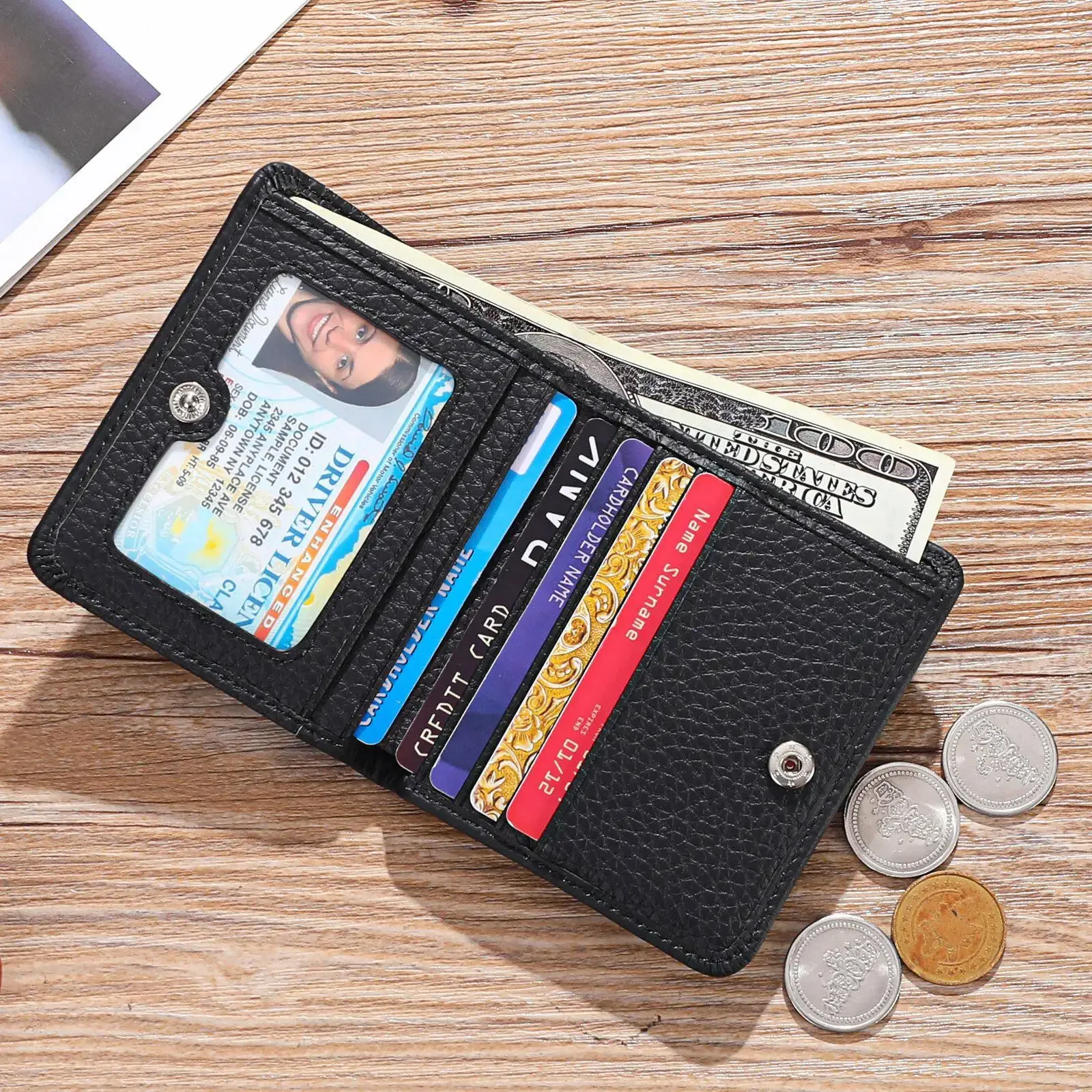 Damesportemonnee Korte tweevoudige vrije tijd Kleine portemonnee RFID Creditcardhouder Koeienhuid Mini-munt Ultradun zakje