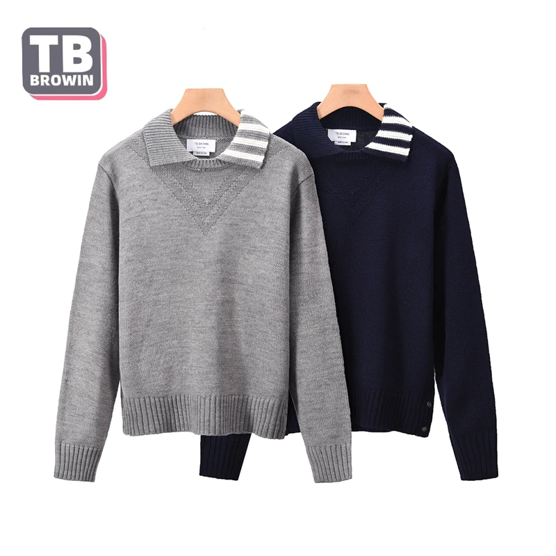 TB BROWIN Flagship-Store Brand Men's College style casual lapel sweater thom fashion garment unlined upper stripe cotton Wool