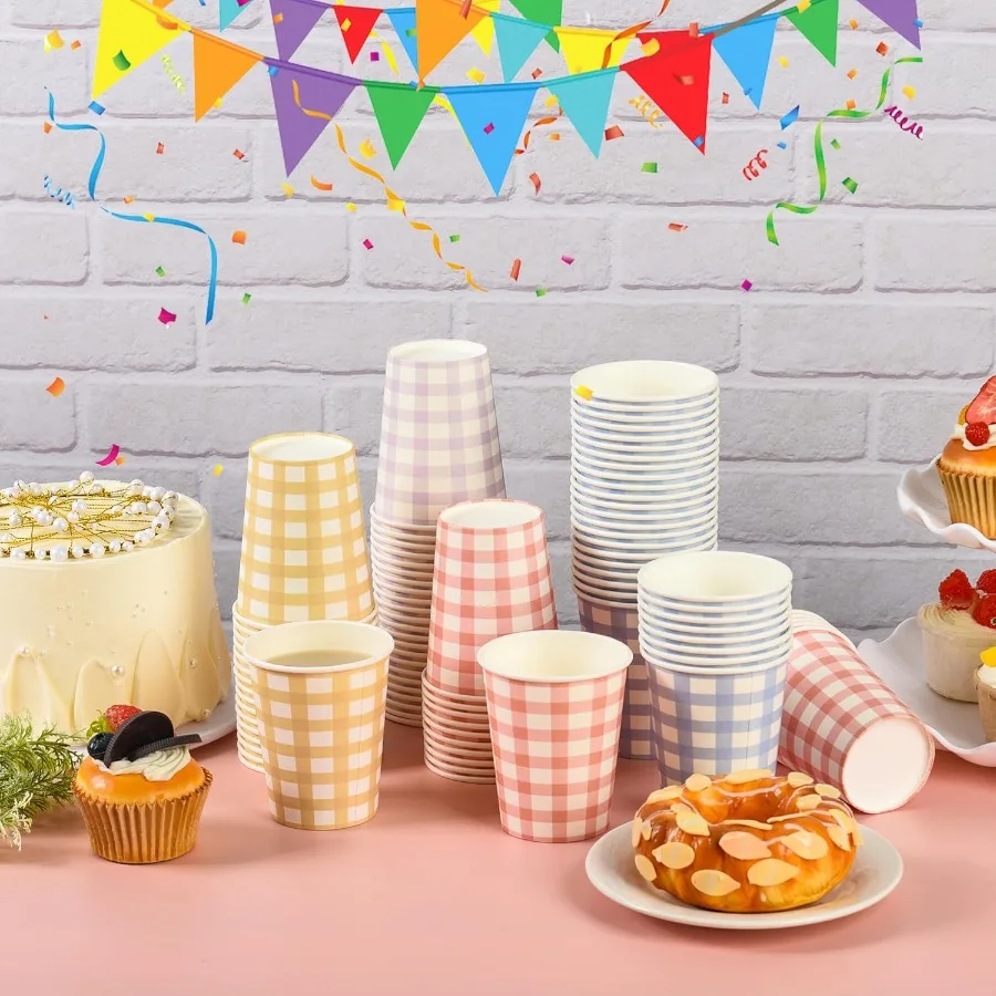 120 قطعة 9 أوقية أكواب الشرب الورقية للحفلات القماش القطني 4 ألوان أكواب ورقية منقوشة للاستعمال مرة واحدة أكواب مربعة لتزيين أعياد الميلاد وحفلات الزفاف