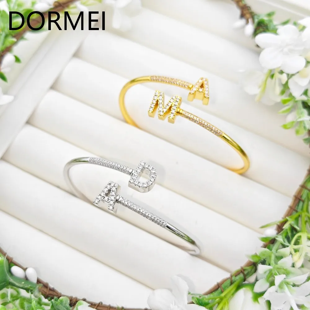 DOREMI Elegant Women Custom Initial Letters Charms Bracelet Full Cz Letters Staggered Bangle
