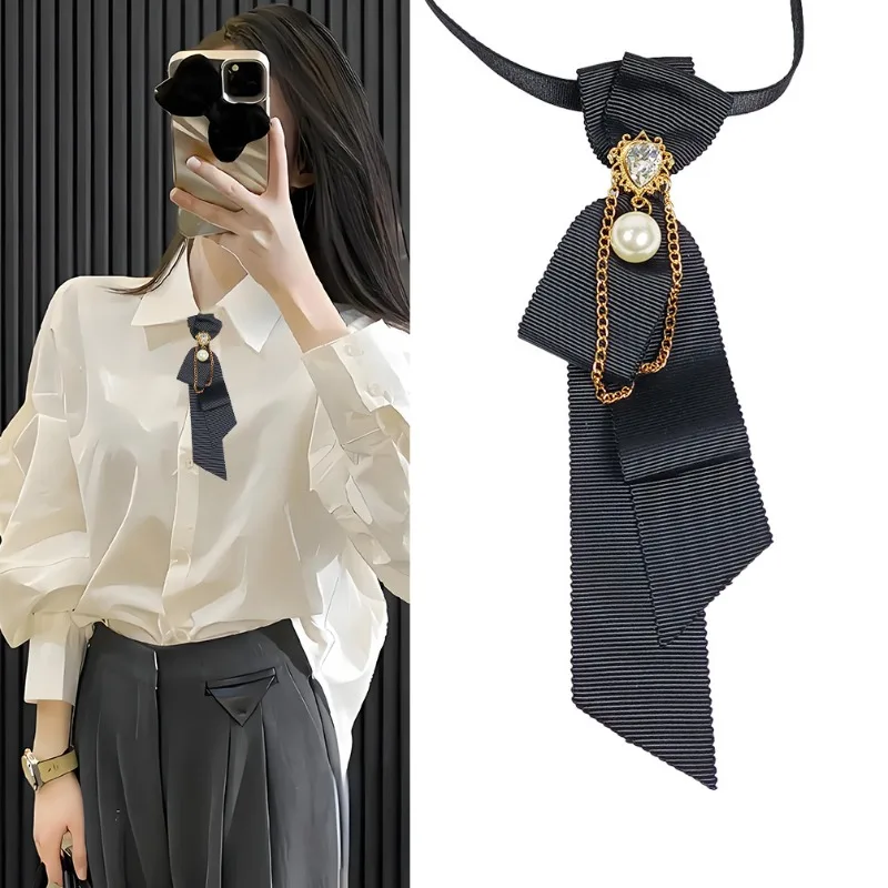 

High-end Black Fabric Bow Tie Rhinestone Tassel Necktie Business Wedding Fashion Jewelry Gifts for Women and Men Accessories