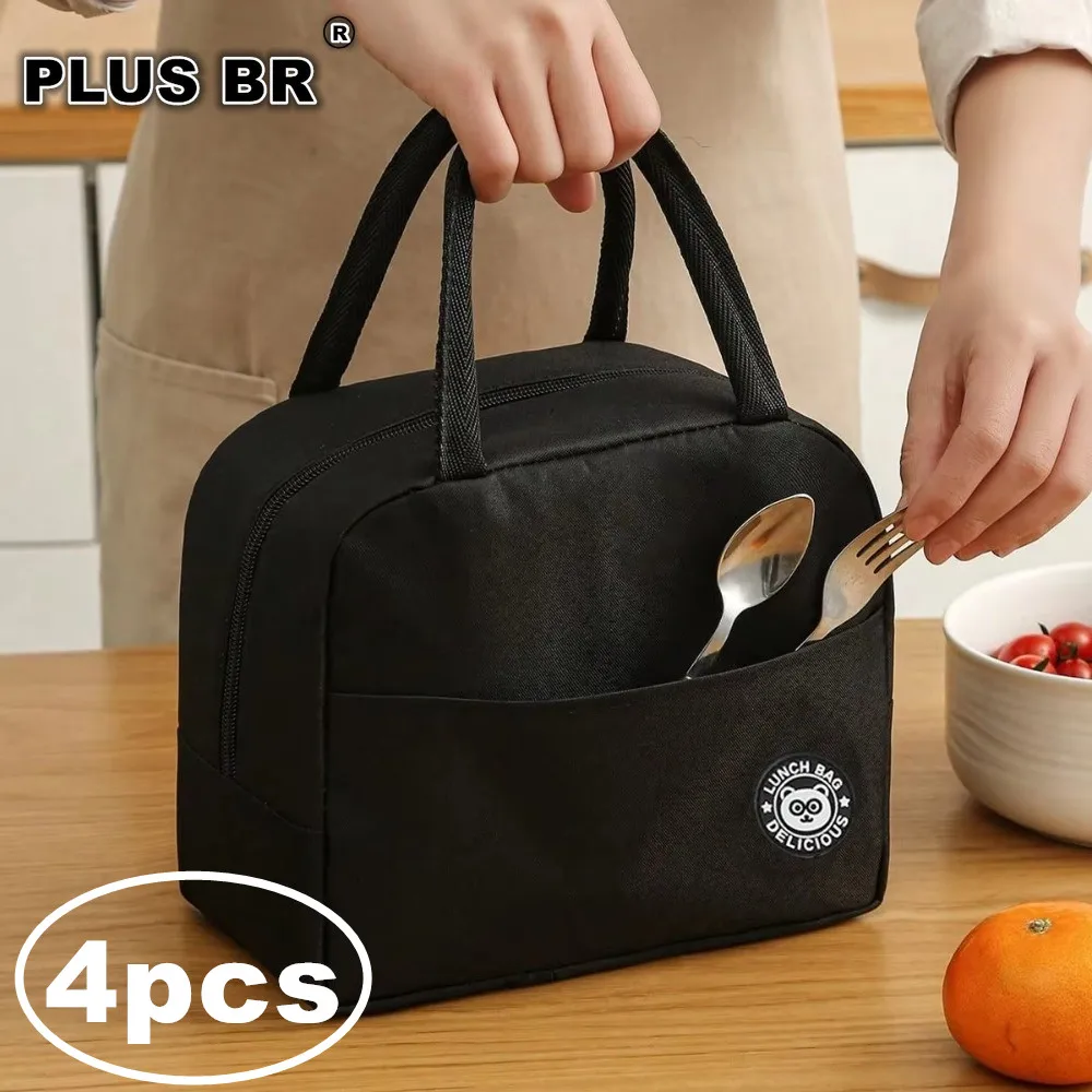 4Piece Set Black 1Large Capacity Portable Lunch Box Bag Insulation Rice Bento Student Lunch Aluminum Foil Bento Bag