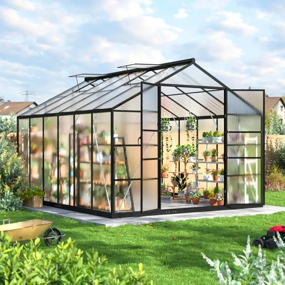 

10X12 FT Greenhouse for Outdoors, Polycarbonate Greenhouses with Quick Setup Structure and Roof Vent, Large Walk-in Greenhouse