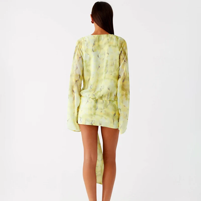 CUTENOVA Women'S Fall New Arrival Floral Tie-Dye Print Off-Shoulder Bell-Sleeve Ribbon-Trimmed Short Dress Chic Streetwear