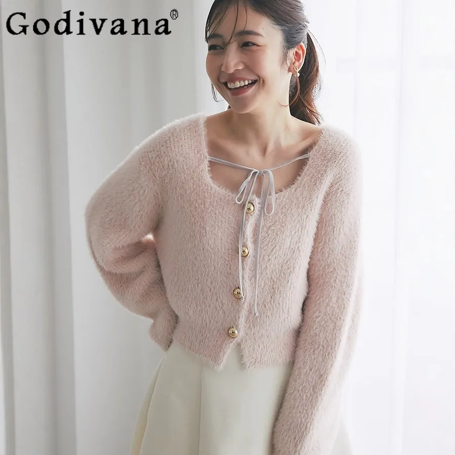 

2026 New Japanese Style Sweet Pink Knitted Short Cardigan Lady Fashion Casual Versatile Sweaters Women's Knitted Jacket Tops
