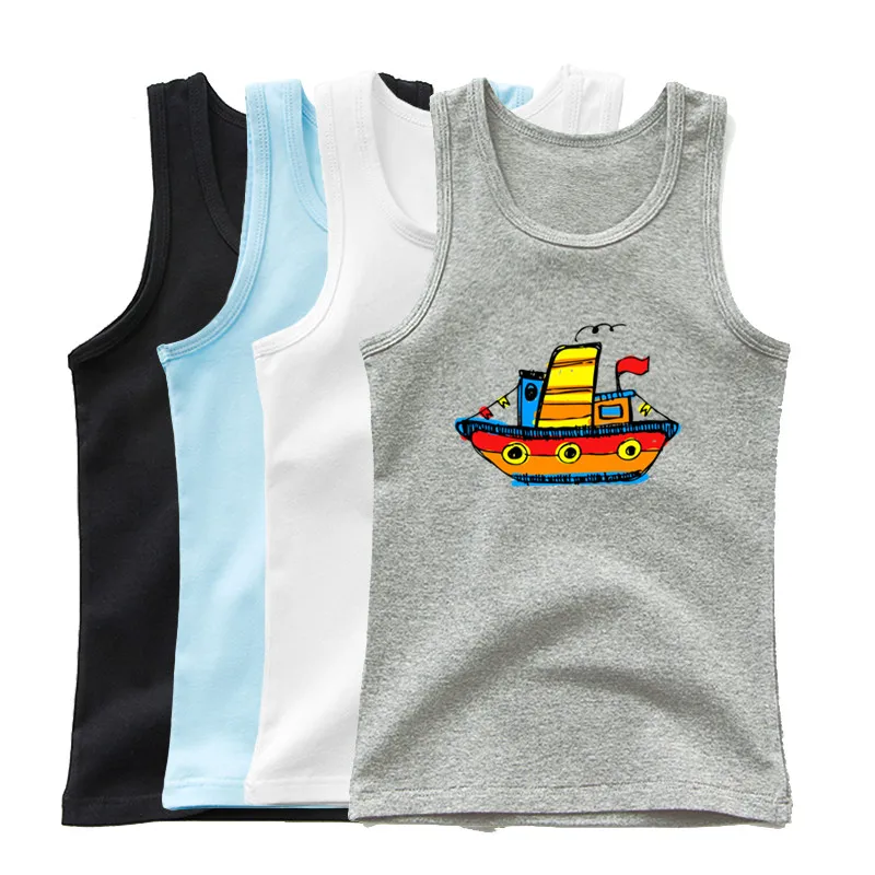 Summer Boys Children\'s Clothes Sleeveless T-shirt Cute Steamboat Sea Cotton Tank Top Soft Breathable Tee 3-14y