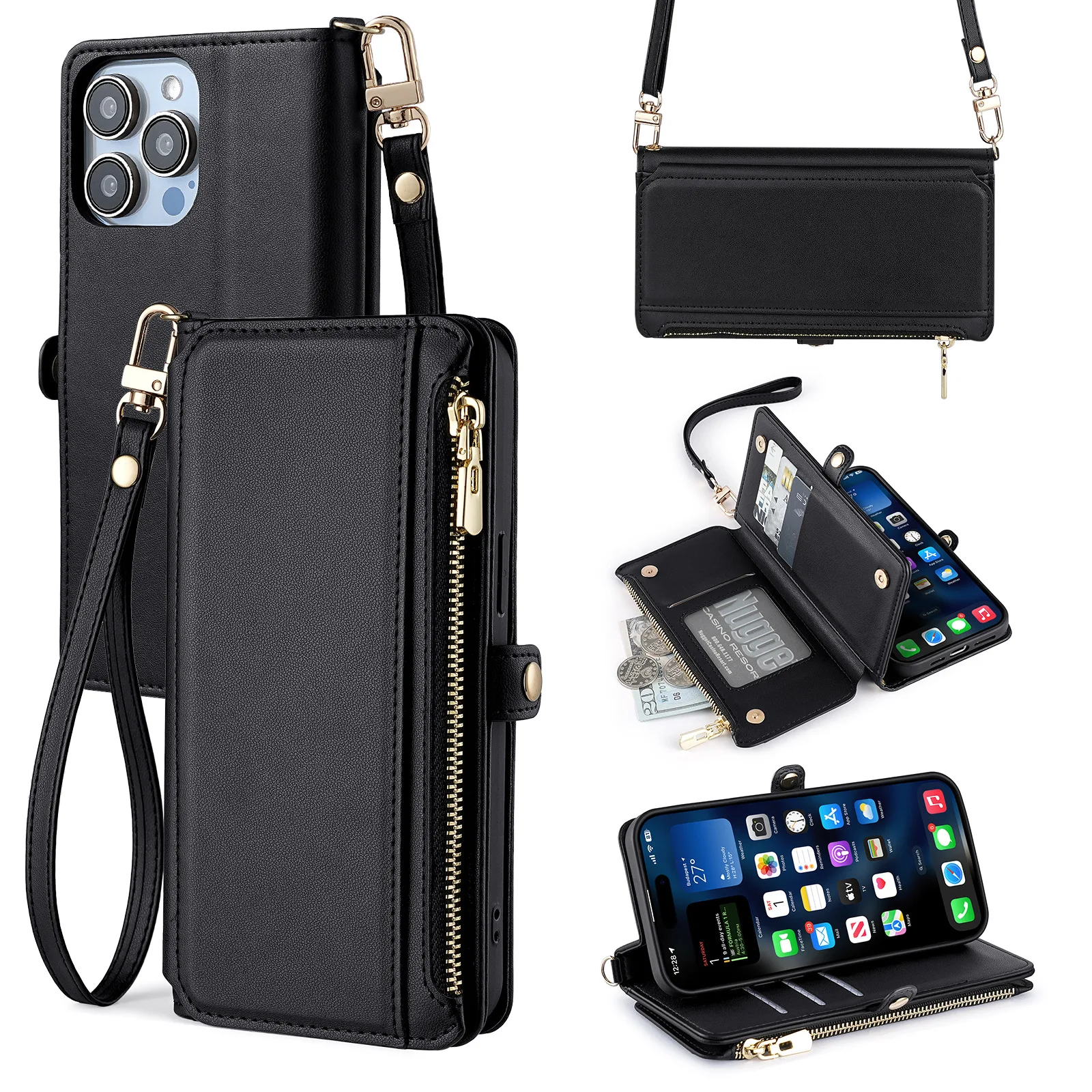 

Crossbody Leather Zipper Pocket Wallet Case For Tecno Spark 40 Pro Plus 30 20 GO 2025 2024 2022 Lanyard Wrist Flip Cover 7 Cards
