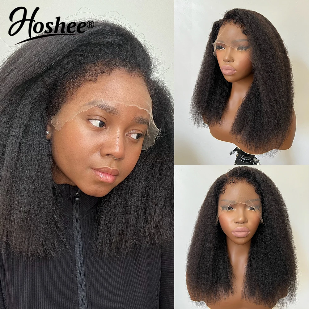 4C Edges Baby Hair Kinky Straight Haarwerk van Echt Haar, Eenvoudig te plaatsen, Zijscheiding, Kort Yaki Bob Haarwerk van Echt Haar, 13x4 Lace Front Haarwerk, 200%