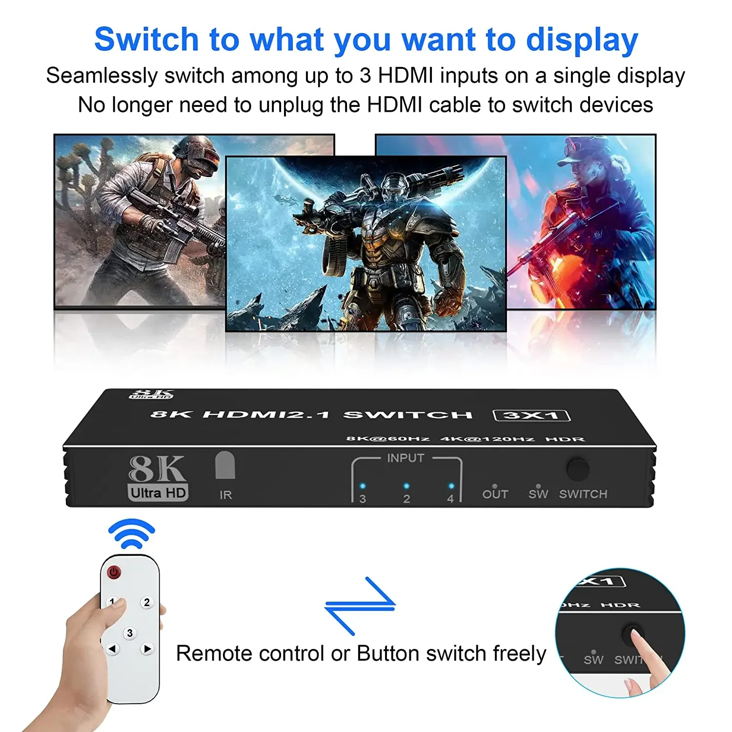 8K 60Hz HDMI Switch 3x1 5x1 HDMI 2.1 Switcher 3 in 1 out Selector Hub 4K 120Hz With IR Remote For Xbox Series X PC PS5 Projector