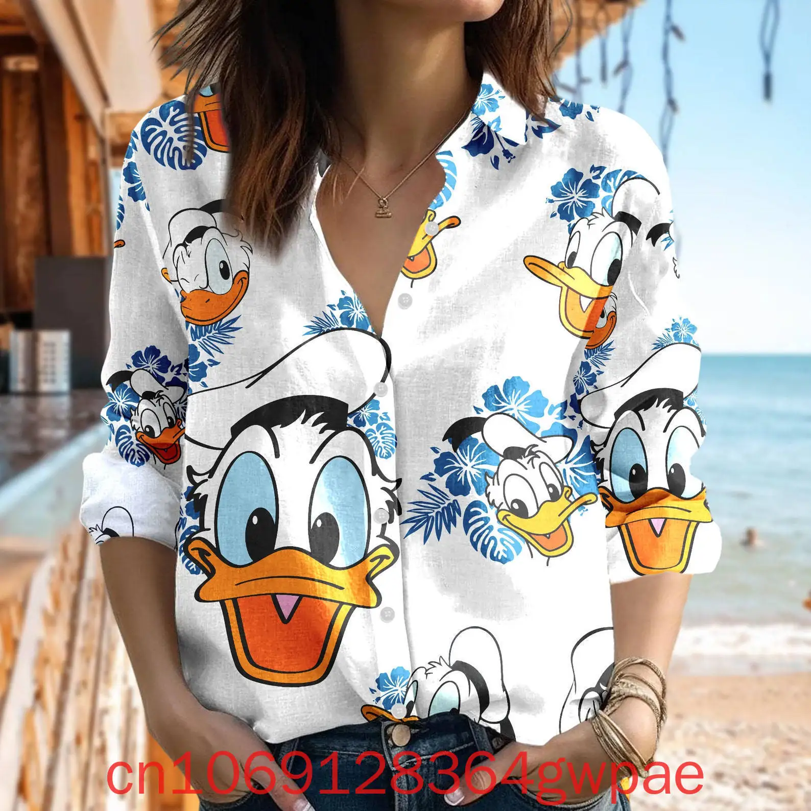 Disney Donald Duck Women's Blouses Shirt Casual Button Up Long Sleeve Shirt Mickey Minnie Cartoon Stylish Elegant Shirts