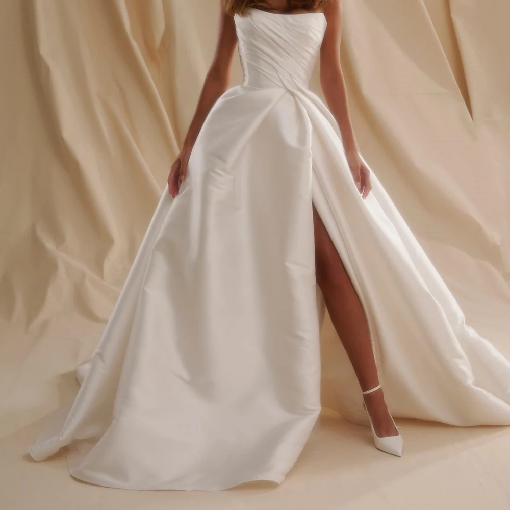 

Customized Formal and High Quality A-Line Side Slit Satin Wedding Dress Strapless Pleats Chapel Train Sleeveless Ball Gowns 2025