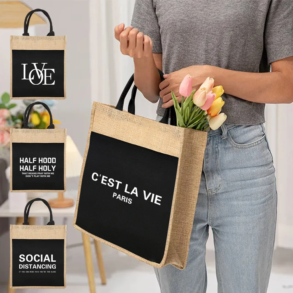 Linen Shopping Bag Reusable Women's Tote Grocery Shopping Bag Text Pattern Print Convenient Picnic Bag Supermarket