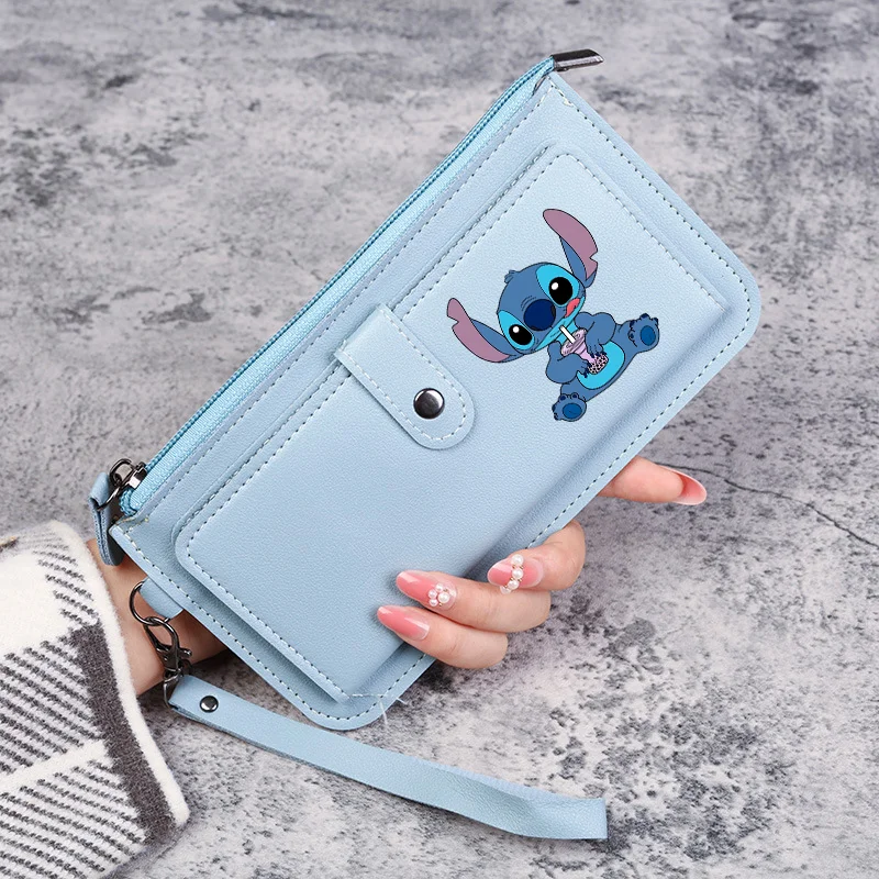 Disney Stitch Pochette lunga in vera pelle Porta carte Porta carte Multifunzione Portafoglio portatile con tasca per telefono di grande capacità