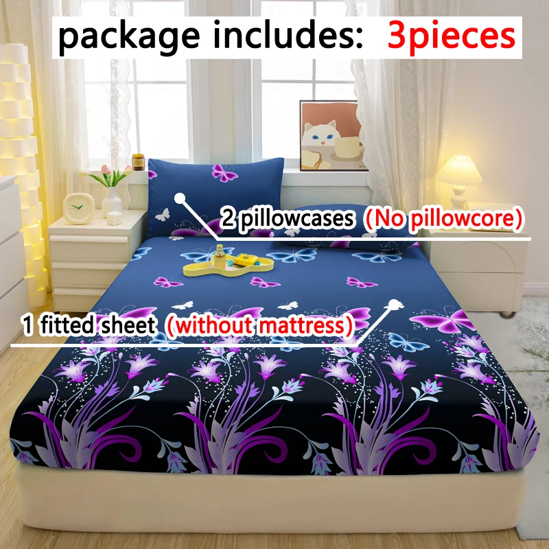 3-piece Simple modern butterfly pattern matte three piece fitted sheet set, bedroom printed bed cover set, bedding