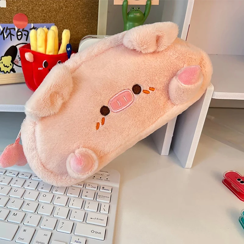【K】Plush Pink Color Piggy Pencil Case Creative Korean Fashion Student Pencil Bag High Capacity Stationery Scrapbook Storage Bag