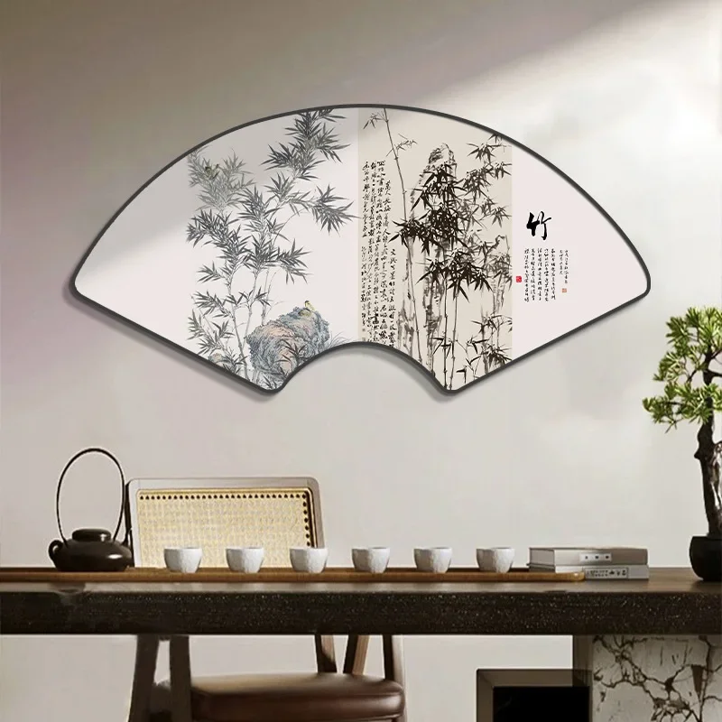 Chinese Zen calligraphy painting tea room background wall mural behind tea table bamboo fan-shaped study calligraphy