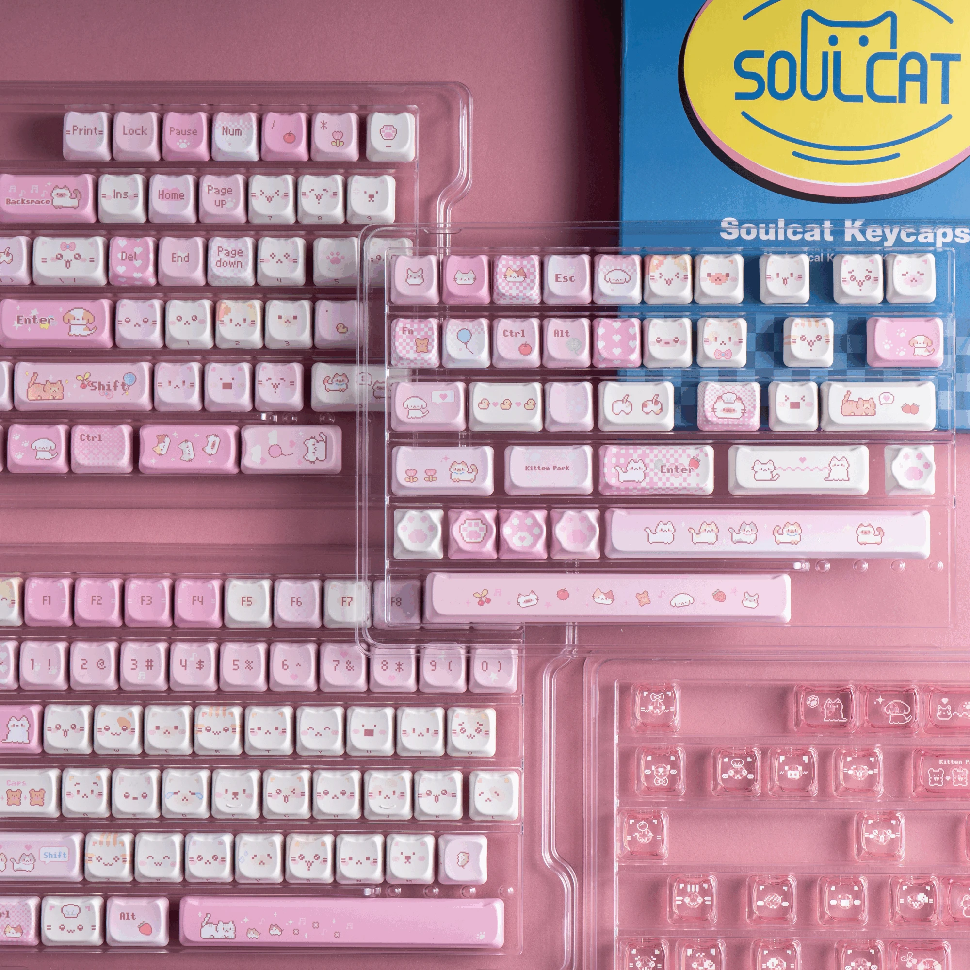 Chosfox & Soulcat 141 + 26 teclas Pixel Meow Keycaps PBT + PC transparente Keycap Cherry altura Customiz Teclado mecánico Keycaps