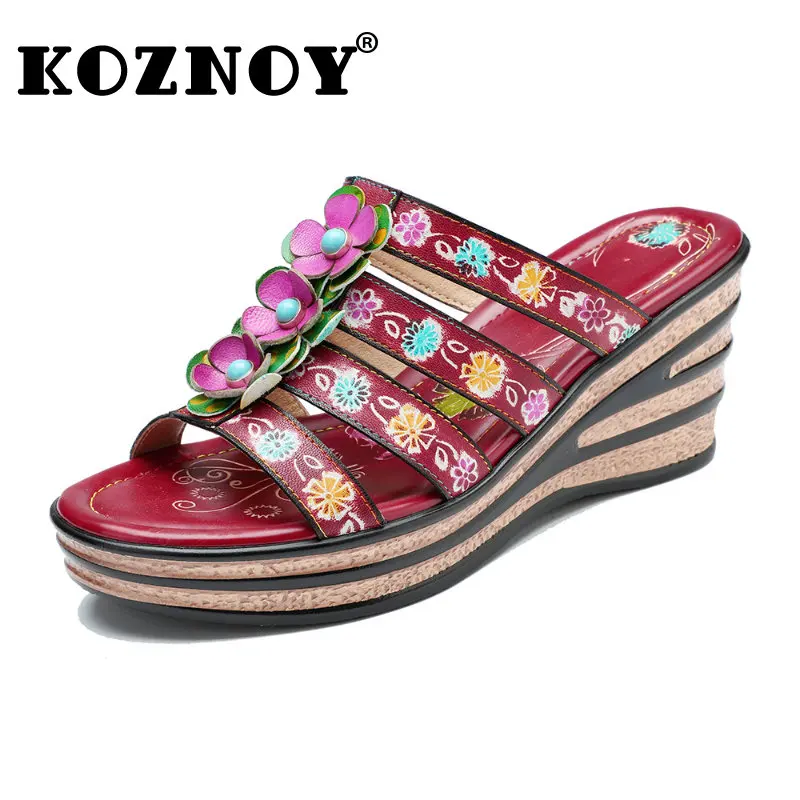 

Koznoy 7.5cm Sheepskin Leather Women Sandals Chunky Heels Print Appliques Ethnic Ladies Big Size Moccasins Summer Slippers Shoes