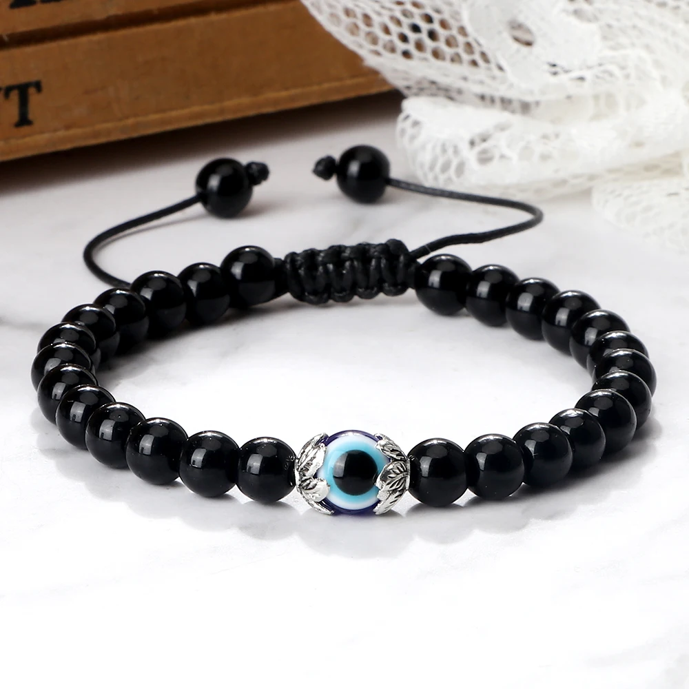 Fashion Trendy Men Turkish Evil Eye Bracelets 6mm Natural Tiger Eye Volcanic Stone Bracelets Women Braided Amulet Jewelry Gifts