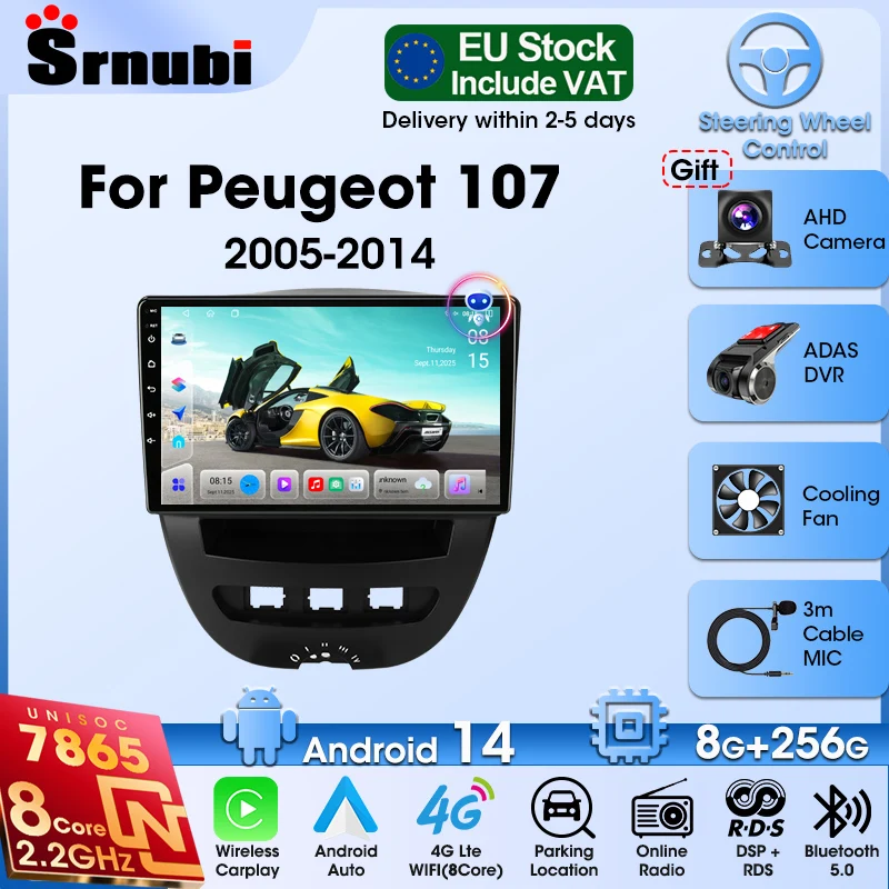 Srnubi 2Din Android14 Autoradio für Peugeot 107 Toyota Aygo Citroen C1 2005-2014 Multimedia-Videoplayer Haupteinheit Rückfahrkamera