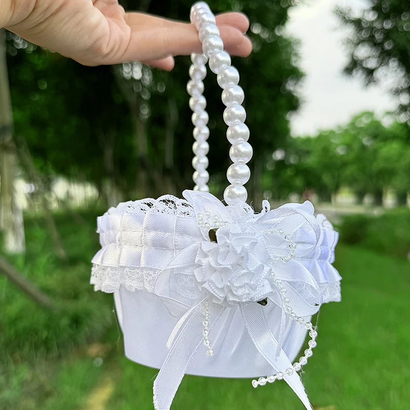 1PC Flower Girl Scattering Pearl Handle Flower Basket Lace Rose Bow Basket Wedding Banquet Holiday Storage Basket