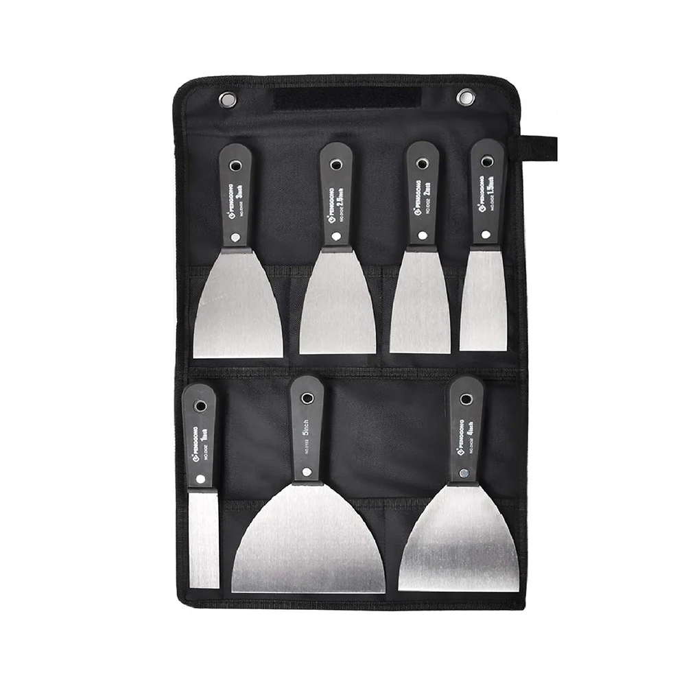 7PCS Carbon Steel Putty Knives 7 Sizes 1/1.5/2/2.5/3/4/5 INCH Flex Drywall Knife Paint Scraper Kit with Canvas Storage Bag