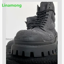 Black Lace-up Ankle Short Boots For Female Women 2025 Round Toe Thick Sole Non-slip Retro Luxury Casual Fashion All-match Shoes