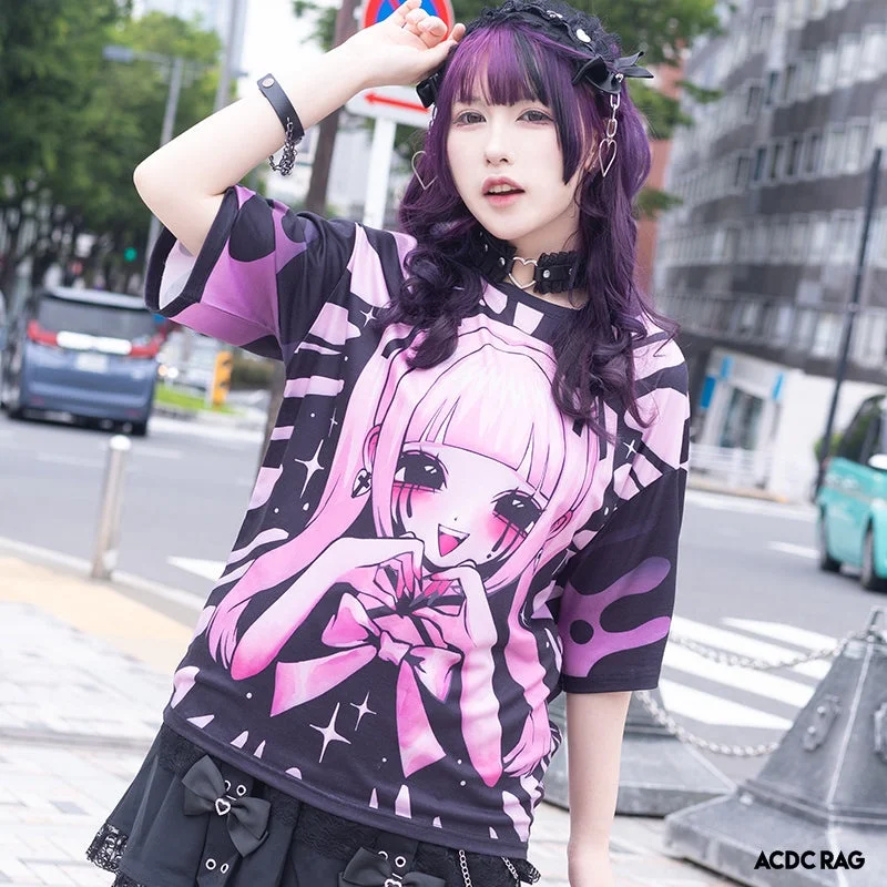 Harajuku Menhera Y2K Pink Double Tail Bow Anime Girl T-shirt Full Print Heart Gesture Burst Star Gradient Adult Children