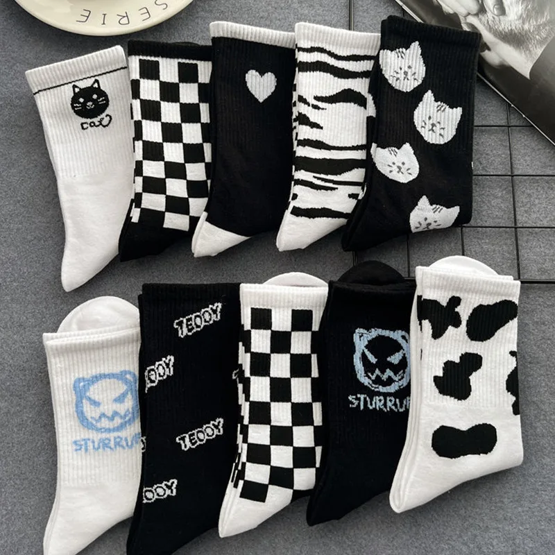 Funny black socks women\'s middle tube socks ins tide spring and summer retro Japanese schoolgirls plaid stockings