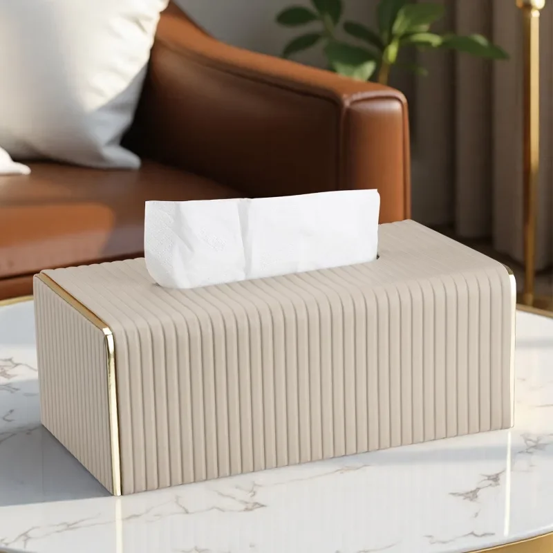 Creative Striped PU Leather Tissue Box Nordic Gold-rimmed Rectangle Paper Drawer Modern Minimalist Hotel Home Storage Ornaments
